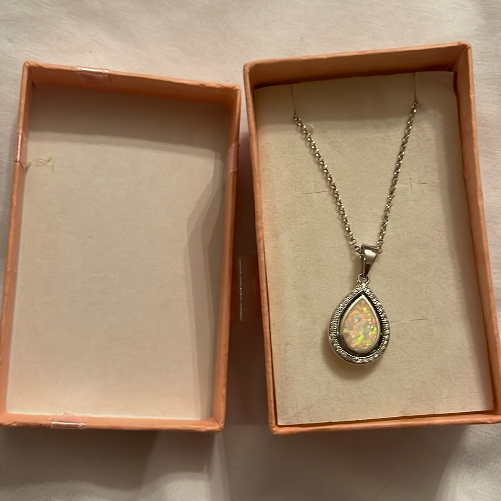 sterling silver pear pendant opal necklace